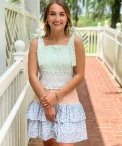 English Factory Floral Embroidery Colorblock Mini Dress (Pink)