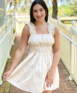 OO Boutique Ruffled Detail Mini Dress (Beige)