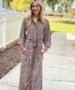 OO Boutique Dresses Lightweight Midi Shirt Dress (Ditsy Floral Print)