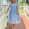 OO Boutique Embroidered Midi With Scalloped Hem (Light Blue) Dresses