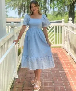 OO Boutique Embroidered Midi With Scalloped Hem (Light Blue) Dresses