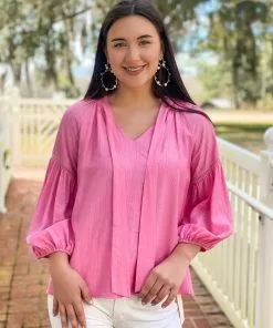 Jade Tops Tie Front Trim Blouse (Pink)