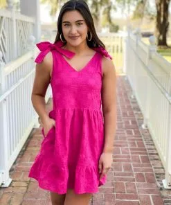 OO Boutique Bow Shoulder Dress (Fuchsia) Dresses