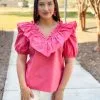 English Factory Tops Ruffle Detail Puff Sleeve Top (Rose)