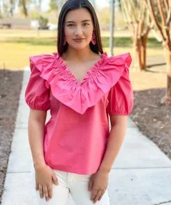 English Factory Tops Ruffle Detail Puff Sleeve Top (Rose)