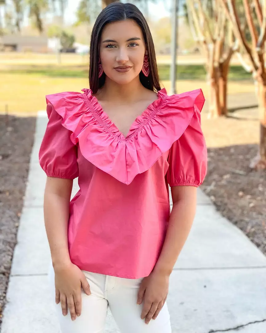 English Factory Tops Ruffle Detail Puff Sleeve Top (Rose) 3 English Factory Tops Ruffle Detail Puff Sleeve Top (Rose)
