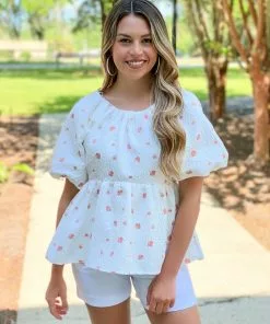 OO Boutique Floral Jacquard Tie Flounce Blouse (White)