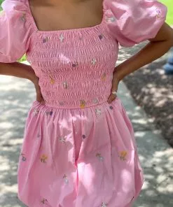 English Factory Floral Embroidery Smocked Dress (Pink Multi) Dresses