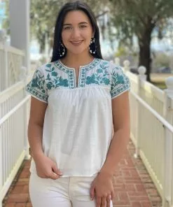 OO Boutique Tops Embroidered Yoke Top (Sage Embroidery)