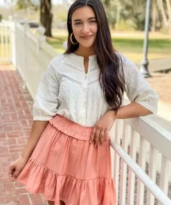 OO Boutique Tops Lace Trim Blouse (Ivory Eyelet)