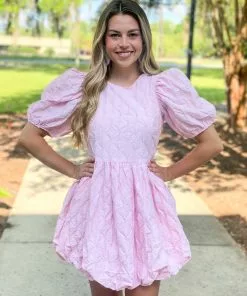 OO Boutique Textured Balloon Mini Dress (Pink) Dresses