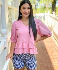 OO Boutique Tops V-Neck Ruffles Hem Top (Soft Pink)