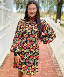 OO Boutique Floral Print Satin Mini Shirt Dress