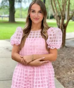 English Factory Organza Gridded Puff Sleeve Maxi Dress (Pink)