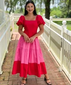 English Factory Dresses Color Block Puff Sleeve Maxi Dress (Red)