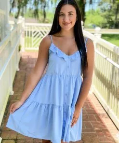 Joy Joy Short Sleeve Tiered Dress (Light Blue)