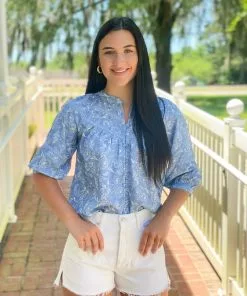 OO Boutique Tops Lace Trim Blouse (Denim Print)