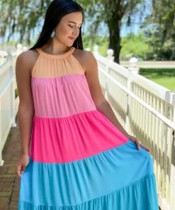 OO Boutique Tiered Halter Maxi Dress (Rainbow)