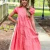 OO Boutique Puff Sleeve Tiered Midi Dress (Coral)