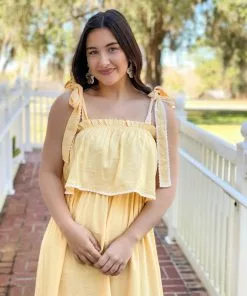 English Factory Midi Dress With Tied Shoulder (Yellow)