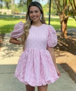 OO Boutique Textured Balloon Mini Dress (Pink) Dresses
