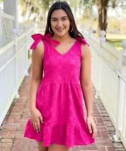 OO Boutique Bow Shoulder Dress (Fuchsia) Dresses