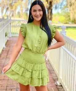 OO Boutique Tops Gathers Flutter Sleeve Top (Olive)