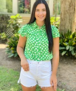 OO Boutique Tops Ruffles Trim Blouse (Green Heart)