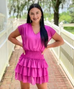 Adrienne Solid Foil Drop Shoulder Tiered Dress (Magenta) Dresses