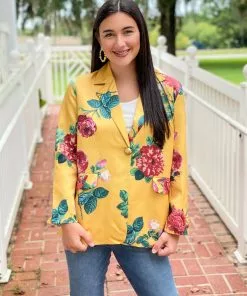 Beulah Style Floral Satin Blazer Jacket (Yellow)
