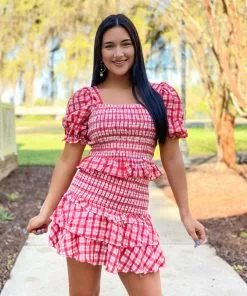 English Factory Plaid Smocked Top With Short Puff Sleeves (Red) Tops