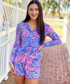 Lilly Pulitzer PJ Knit LS Button-Up Top (Mermaid Grotto)