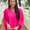 Adrienne V-Neck Bubble Top (Neon Fuchsia)