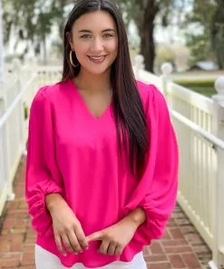 Adrienne V-Neck Bubble Top (Neon Fuchsia)