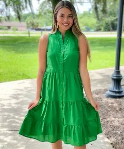 Jade Button Tiered Dress (Green) Dresses