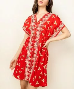 OO Boutique Dresses V-Neck Embroidered Dress (Red)